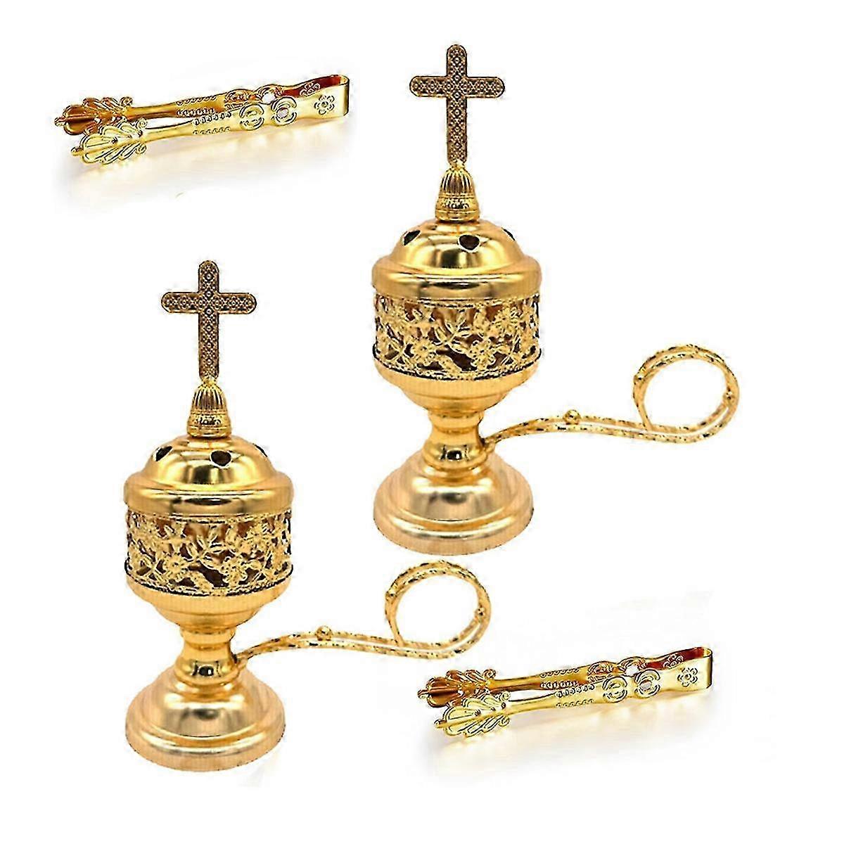 2 Sets Gold Tong Incense Burner with Stand Holder for Yoga, Ideal for Frankincense Charcoal Incense
