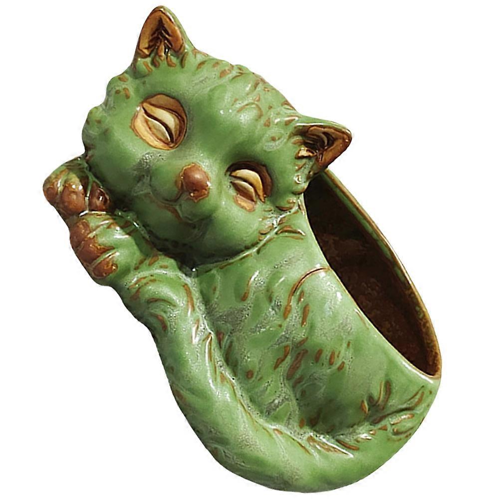 Cat Design Flowerpot Green Ceramic Planter for Decor