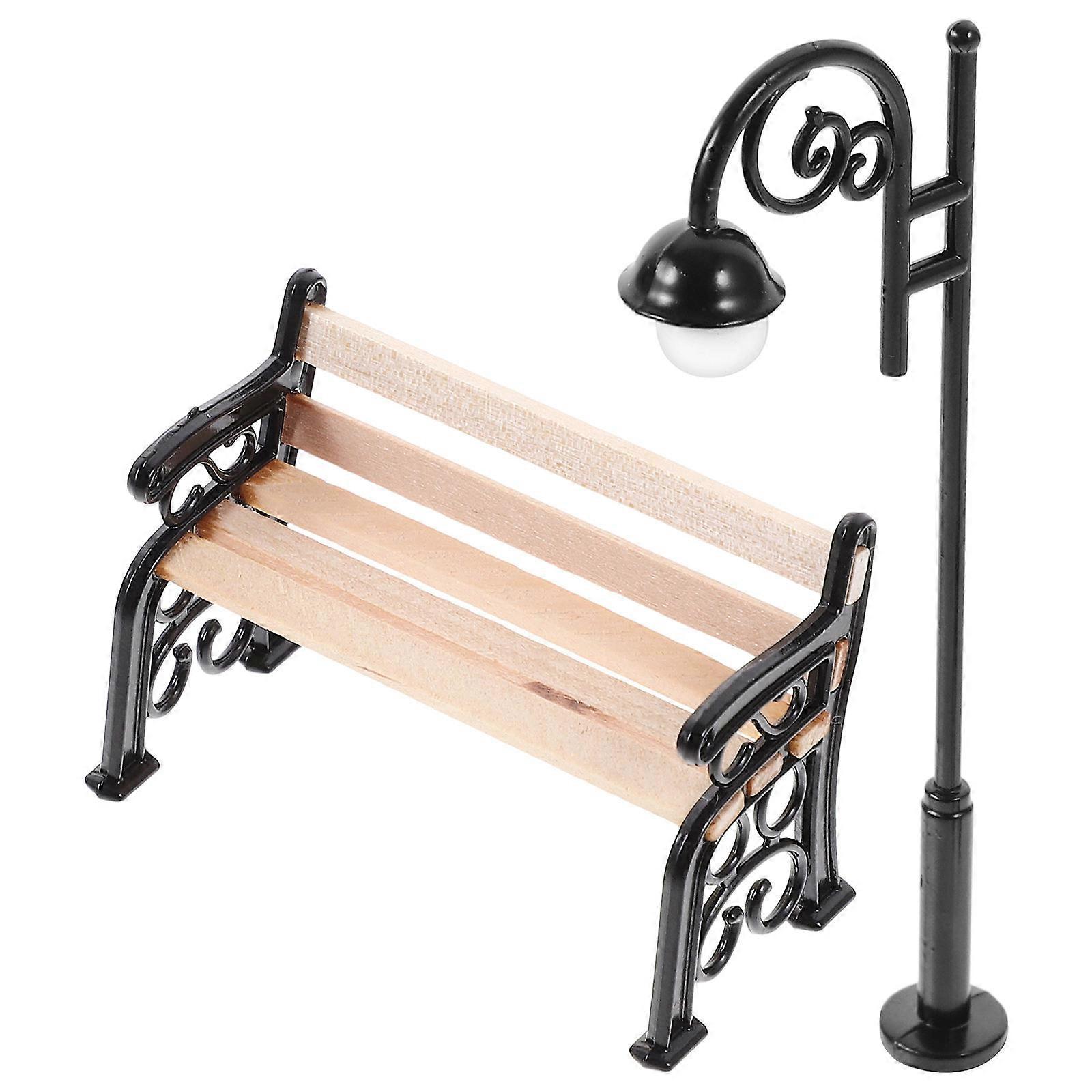 Miniature Park Bench with Miniature Street Lamp for Decoration 3Sets