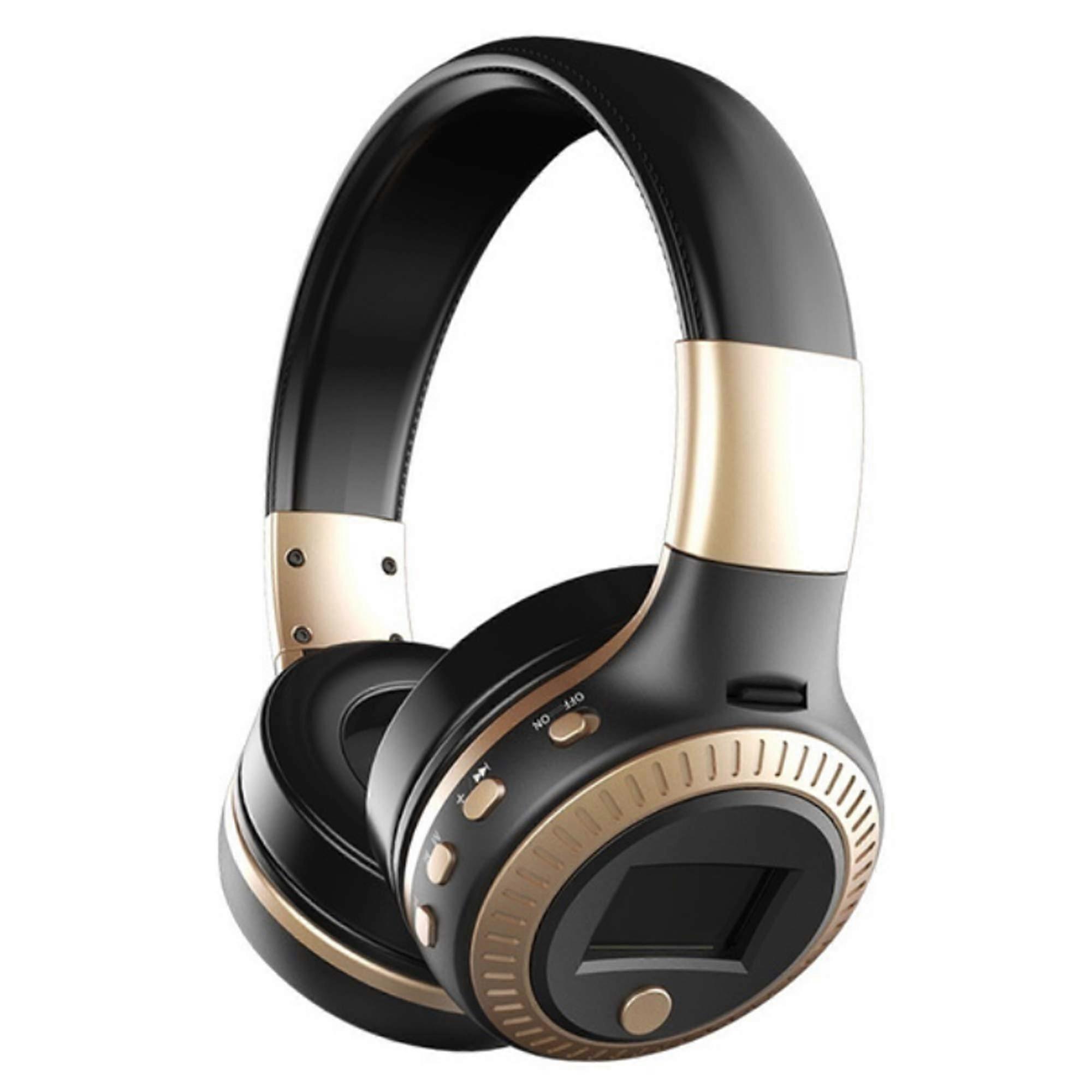 Wireless Bluetooth OnEar Headphones LCD Display HiFi Bass Mic FM Radio MicroSD TF Card Slot Gold For PC Laptop Phone