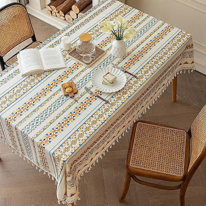 Wipe Clean Cotton Linen Jacquard Rectangular Tablecloth with Tassel Washable Wrinkle and Water Resistant Tablecloth 120x180cm