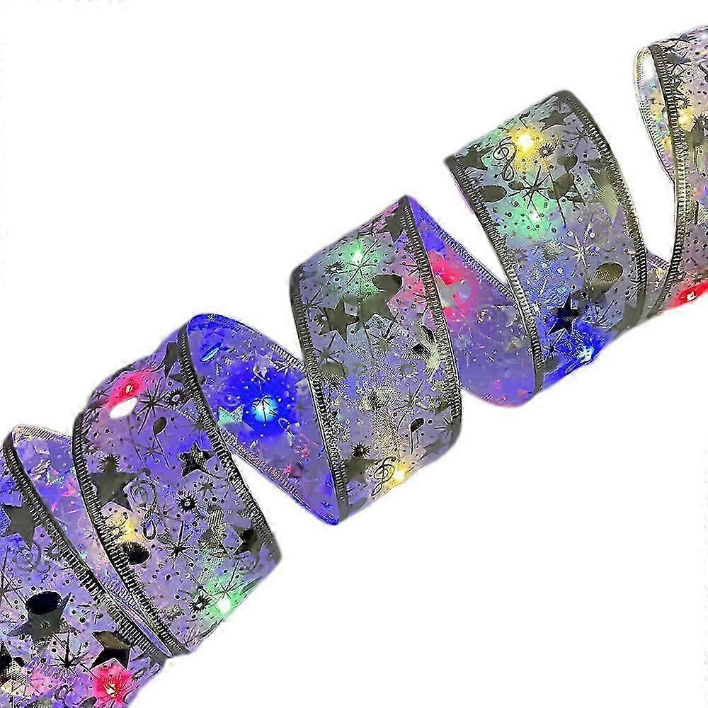 Christmas Ribbon Flashing Light String, Ribbon 4m40 Light, Three Switch Flash Battery Box (Four Color With Silver Ribbon)