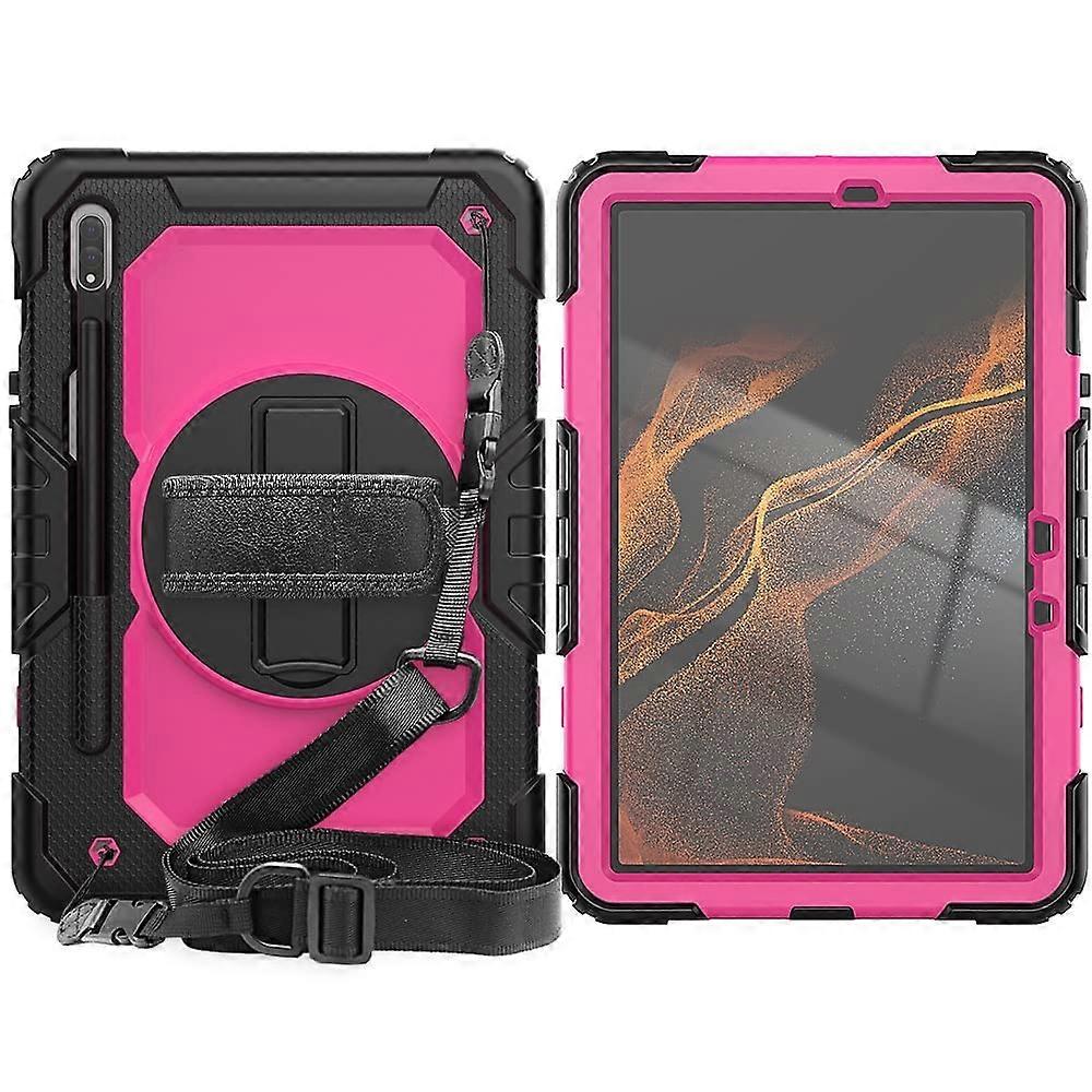 11' Rugged Shockproof TPU Case with 360 Rotating Hand Strap & Screen Protector (Black/Pink) for Samsung Galaxy Tab S8