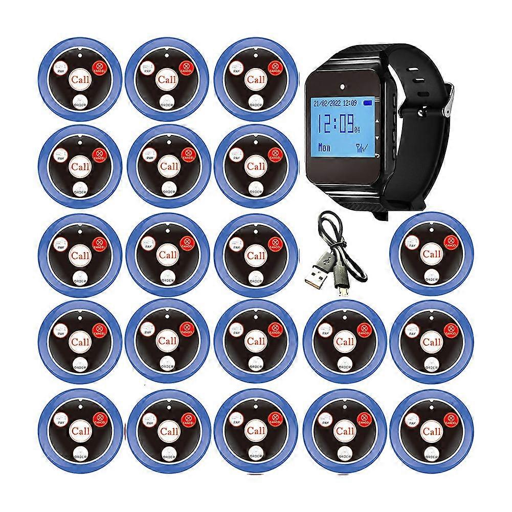 Wireless Restaurant Pager Calling System with Watch Call Button Office Food Truck Coffee Restaurant Call Bell Blue