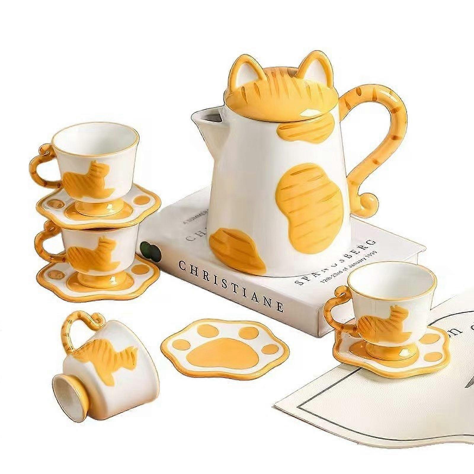 Porcelain Tea Set with Teapot and 4 Cups, Elegant Yellow Cat Design,  Gift for Tea Lovers