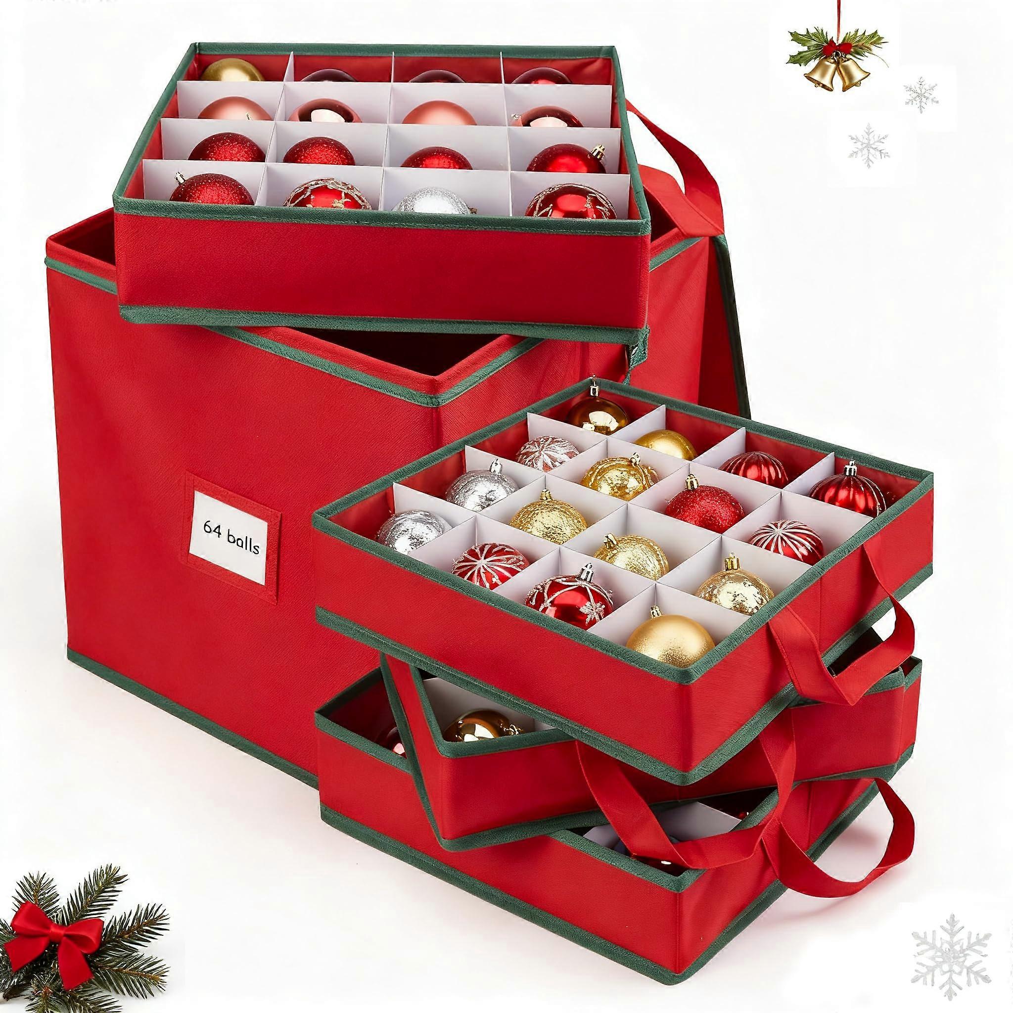 Christmas Ornament Storage Box with Adjustable Dividers, 64Compartment Holiday Organizer with Trays