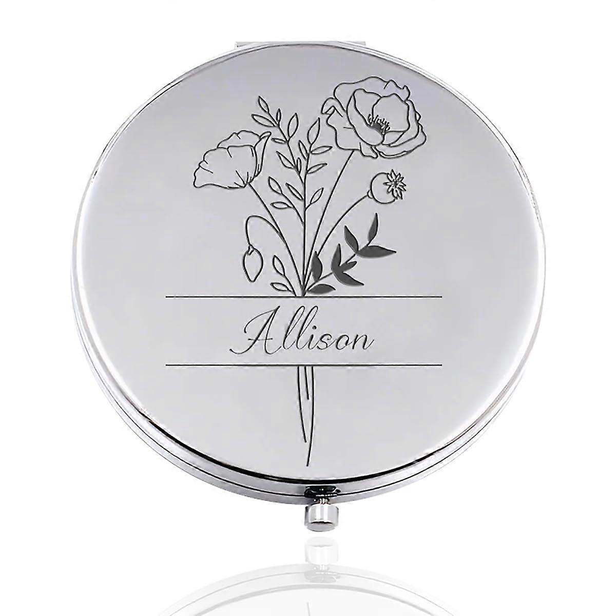 Compact Mirror for Women with Custom Name Engraving, DualSided Magnification, Silver