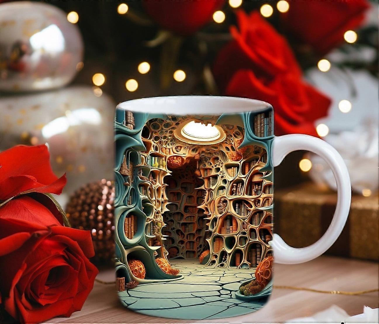 YiFudd 3D Bookshelf Mug - A Library Shelf Cup, Creative Space Design Multi-Purpose Mugs, 3D White Mugs Gift for Readers