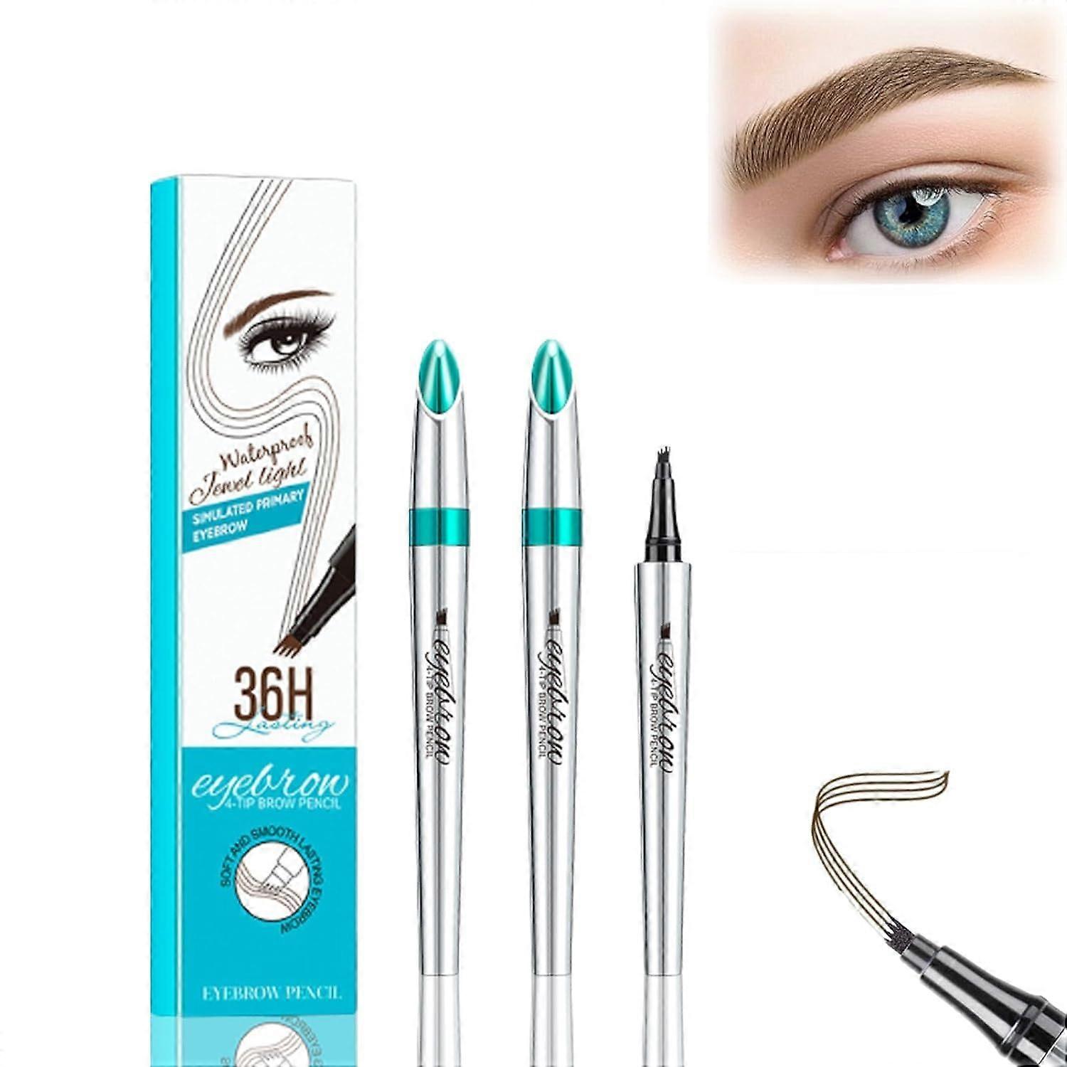 2 Pcs Waterproof Microblading Eyebrow Pencil with 4 Fork Tip, Long Lasting Natural Light Brown