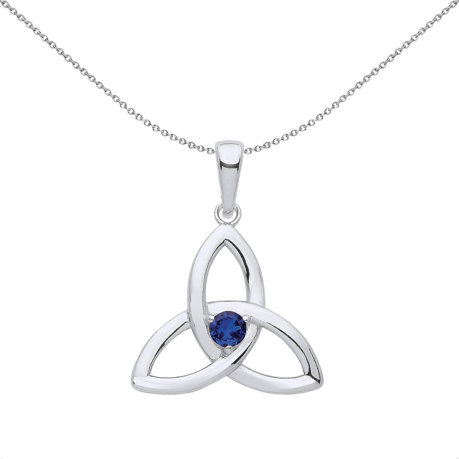 Jewelco London Ladies Sterling Silver Blue CZ Celtic Trinity Trefoil Triquetra Knot Solitaire Pendant Necklace 18 inch