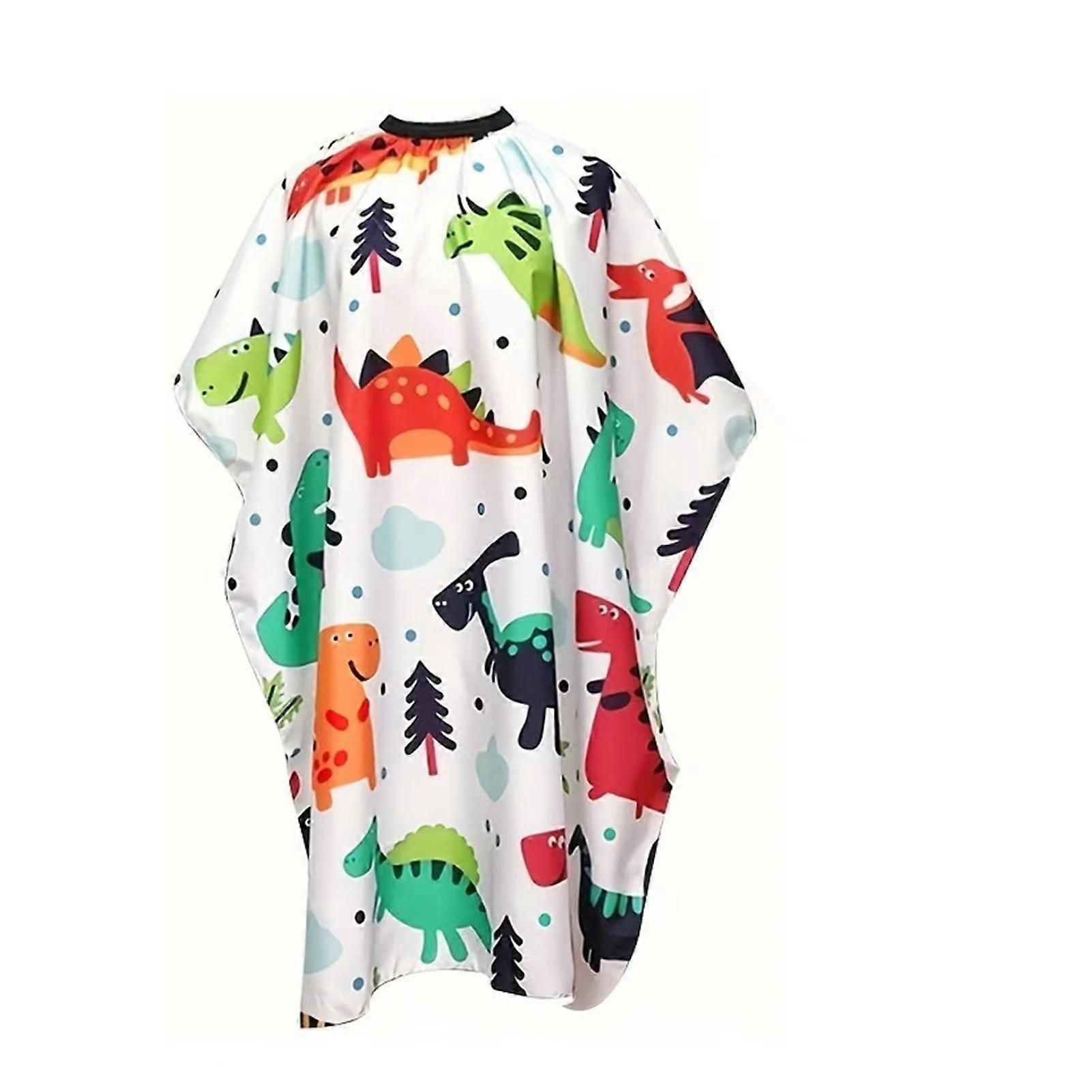 Kids Hairdressing Cape Waterproof Polyester with Adjustable Neck Strap and Cute Dinosaur Pattern White