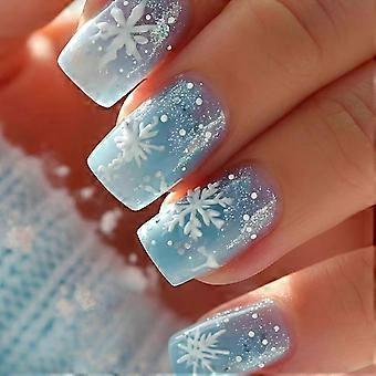Blue Snowflake Christmas Press On Nails Set Winter Fake Acrylic 24pcs Reusable Holiday Kit
