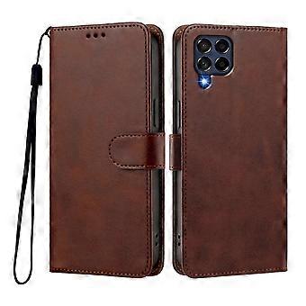 Étui à rabat en cuir PU pour Samsung Galaxy M53 5G avec support intégré, 3 emplacements pour cartes, poche pour billets et dragonne.