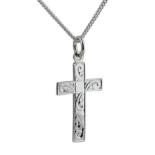 Silver 24x14mm hand engraved flat latin Cross with a curb Chain 24 inches