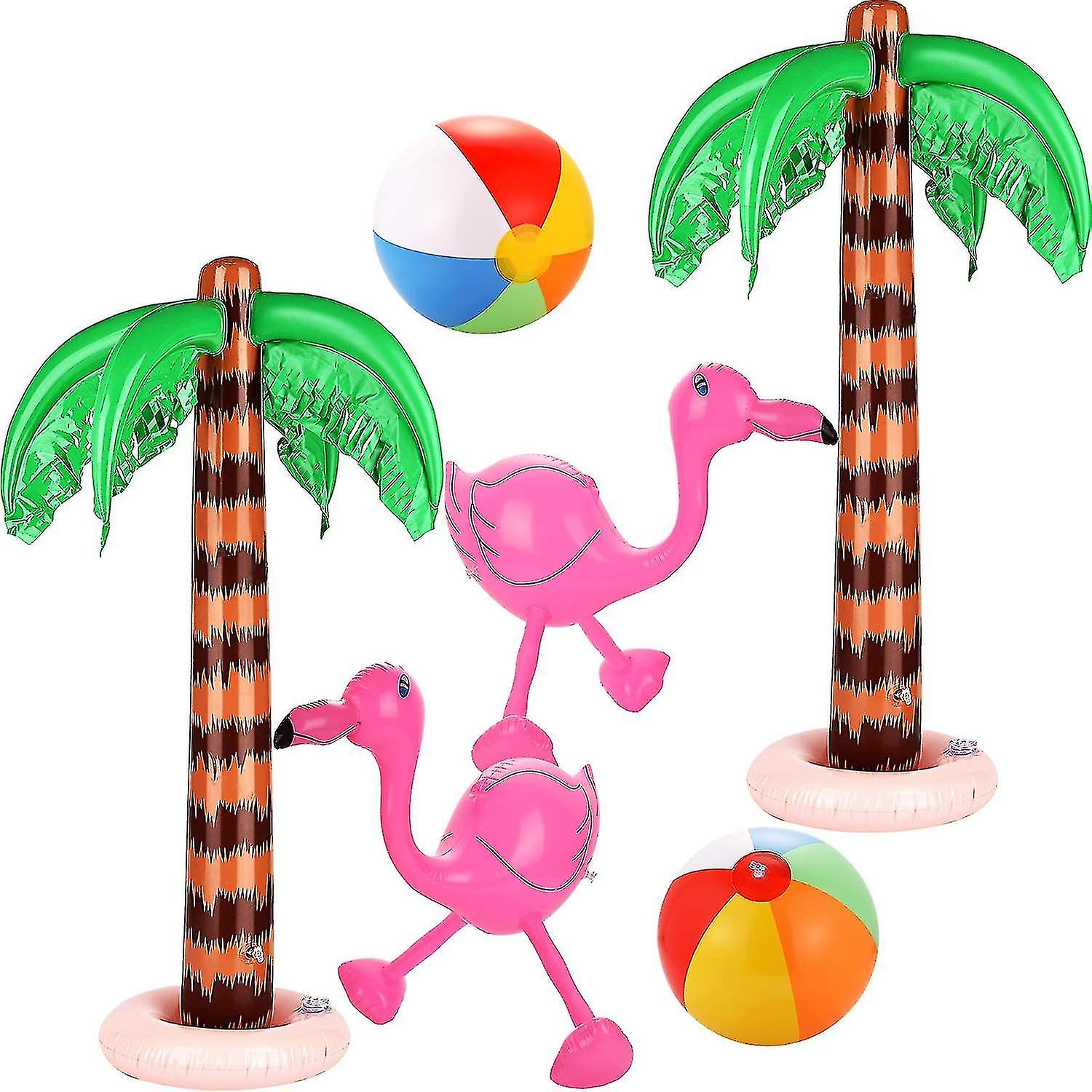 6 Pieces Inflatable Palm Tree Giant Coconut Tree Pink Flamingo Colorful Beach Ball Rainbow Colors