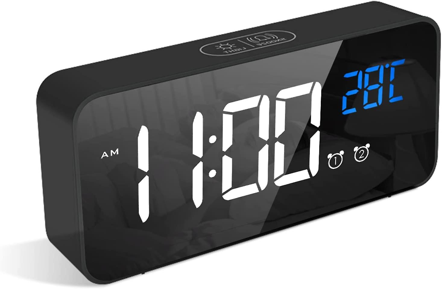 Digital Alarm Clock with Large LED, Temperature Display, USB Charging Port, 4 Adjustable Brightness and Volume, Snooze Function, 2 Alarms Black