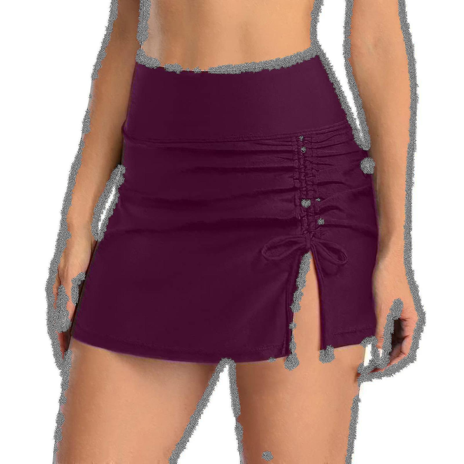 Bas de maillot de bain pour femme avec jupe intégrée, taille haute, fendue, style sportif, avec cordon de serrage
