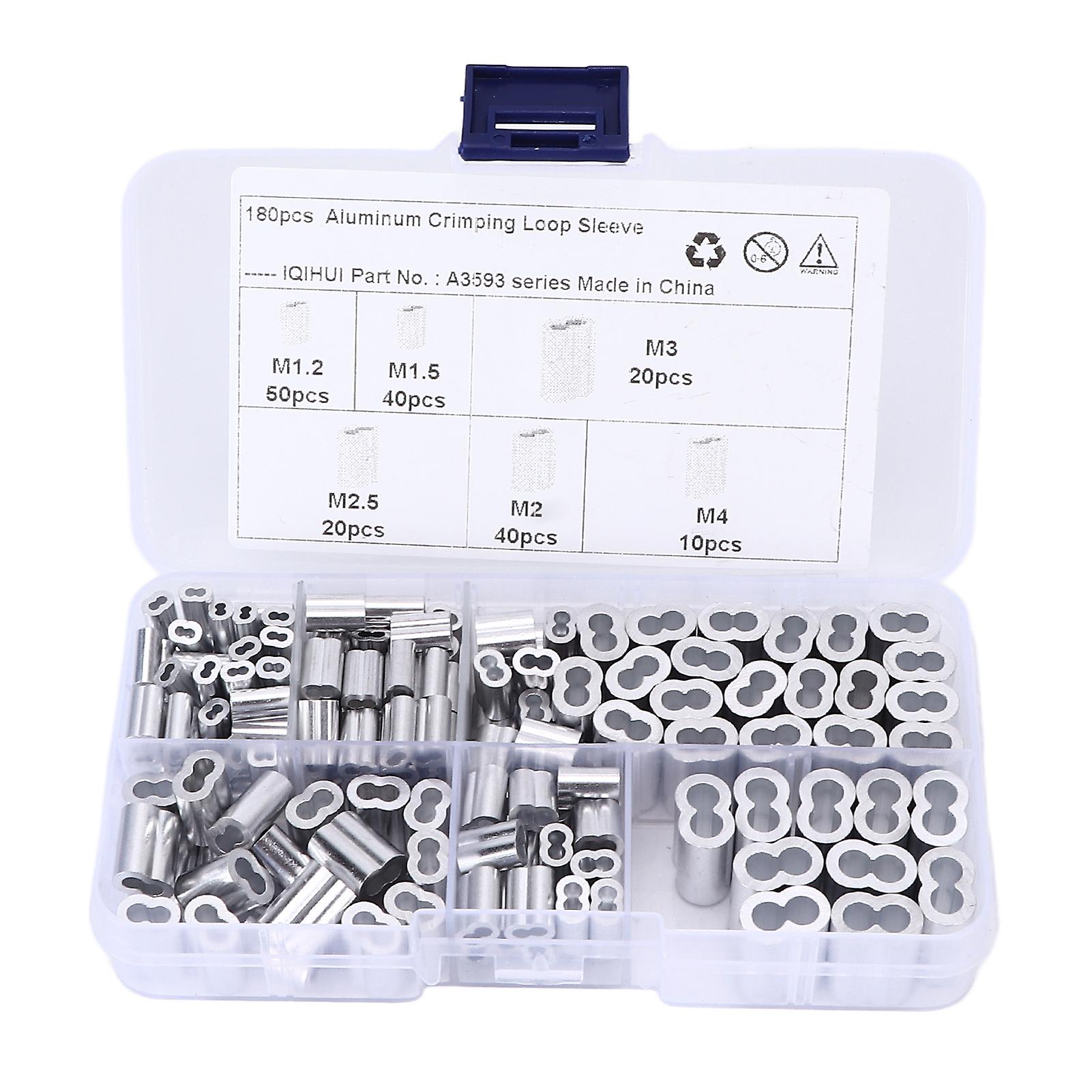 180 Pcs Loop Crimping Sleeve Kit, 6 Sizes Aluminum Double Barrel Ferrules, Universal for Wire Ropes
