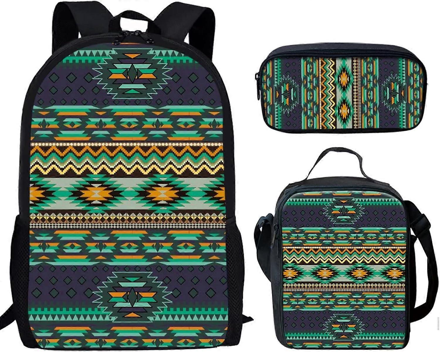 القبلية الهندية أزتك نمط طباعة الأطفال 3 قطع حقيبة ظهر المدرسة ، حقيبة ظهر المدرسة ، صندوق الغداء ، حقيبة أقلام رصاص
