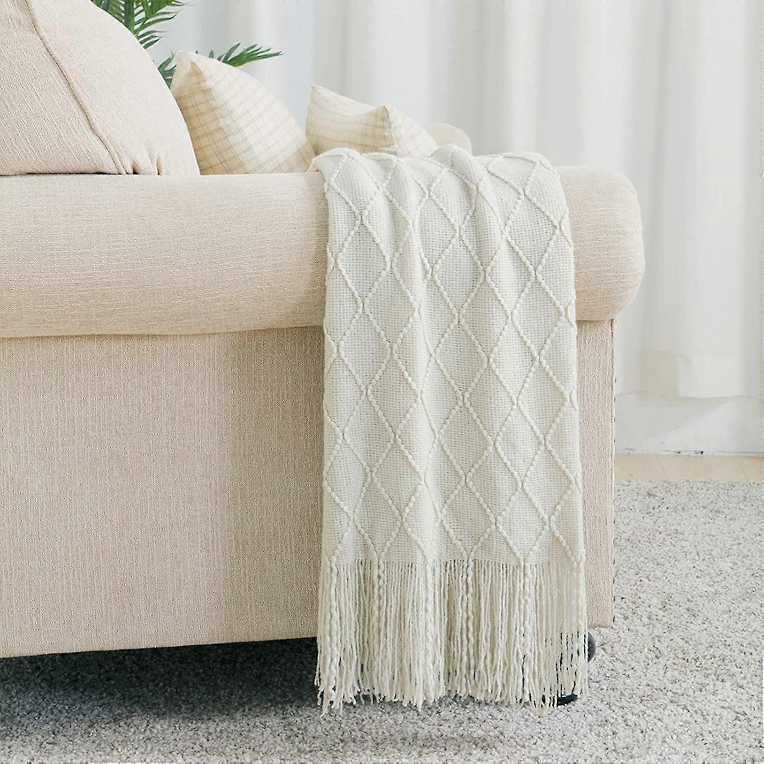 Textured Solid Soft Sofa Throw Couch Cover Knitted Decorative Blanket, Beige, 127x152cm