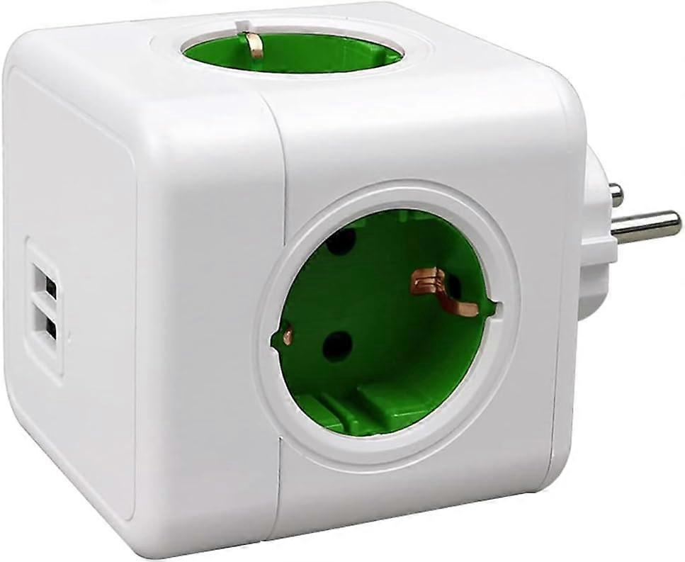 USB socket, 1 socket with 2 USB 3680W connections, 6 in 1 socket adapter, socket strip with USB, socket cube, cable-free power strip (green)