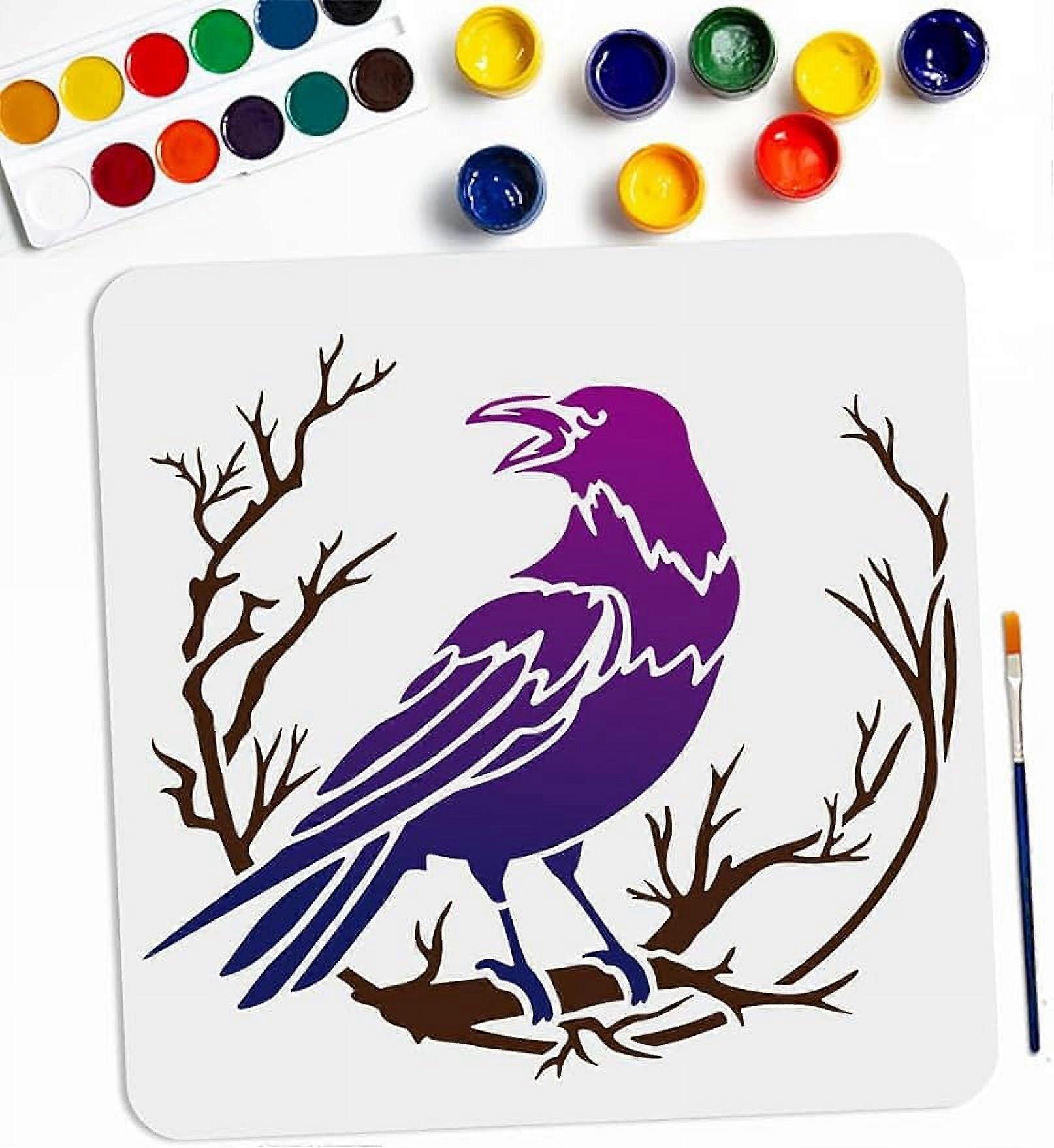 1Pc Crow Branch Divination Stencils Large Raven on Branch Stencils with Paint Brush Primitive Bird Drawing Template