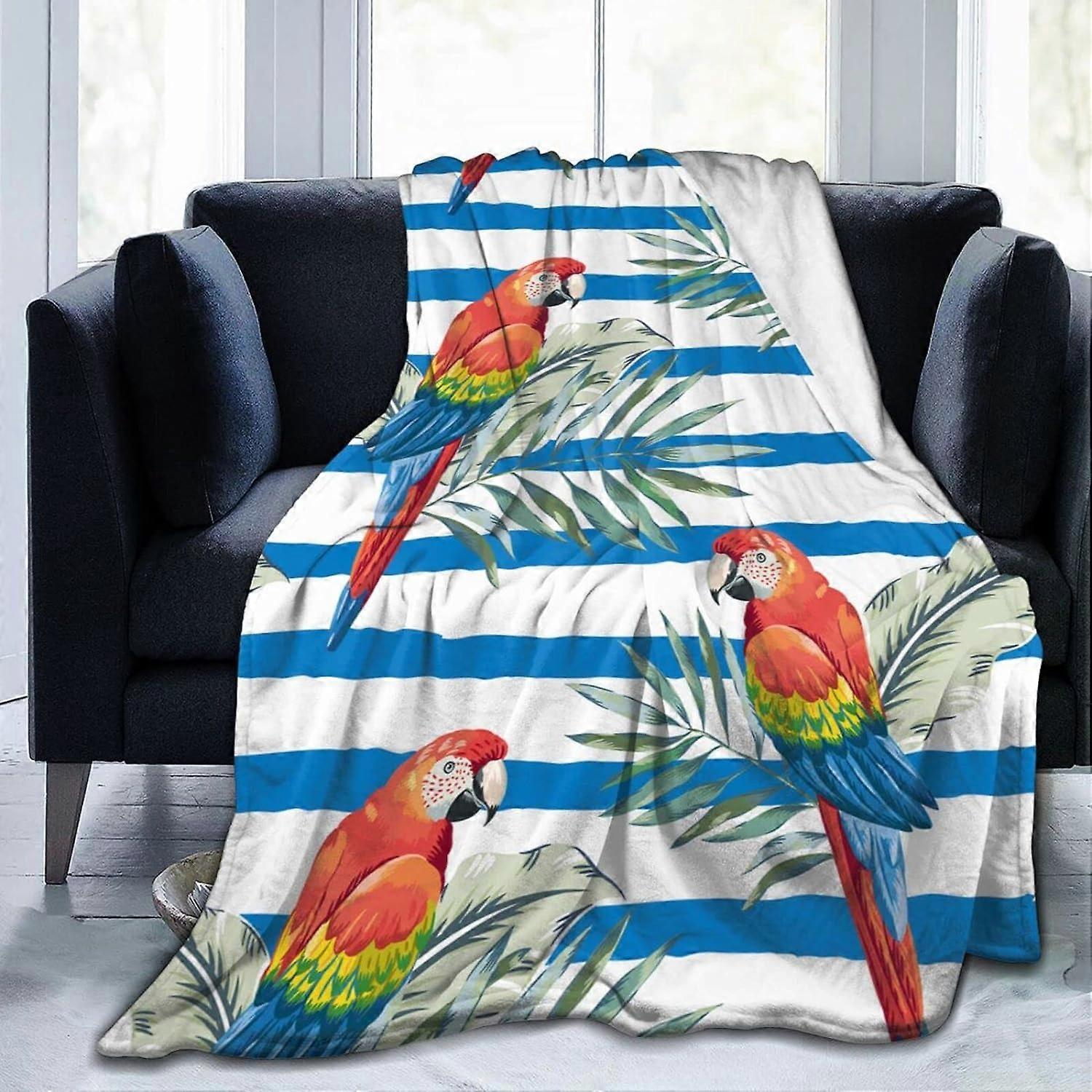 Red Parrot with Sea Stripes Blanket Ultra Soft Throw Blankets Lightweight Plush Flannel Throws for Sofa Couch