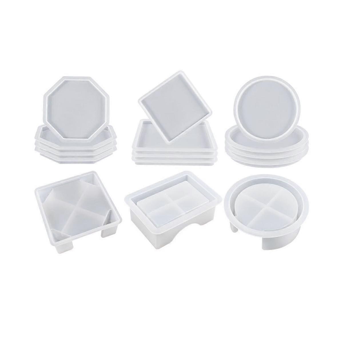 15 Pcs Coaster Resin Molds Silicone, Coaster Molds With Round Square Octagon Shape Holder Molds, Co