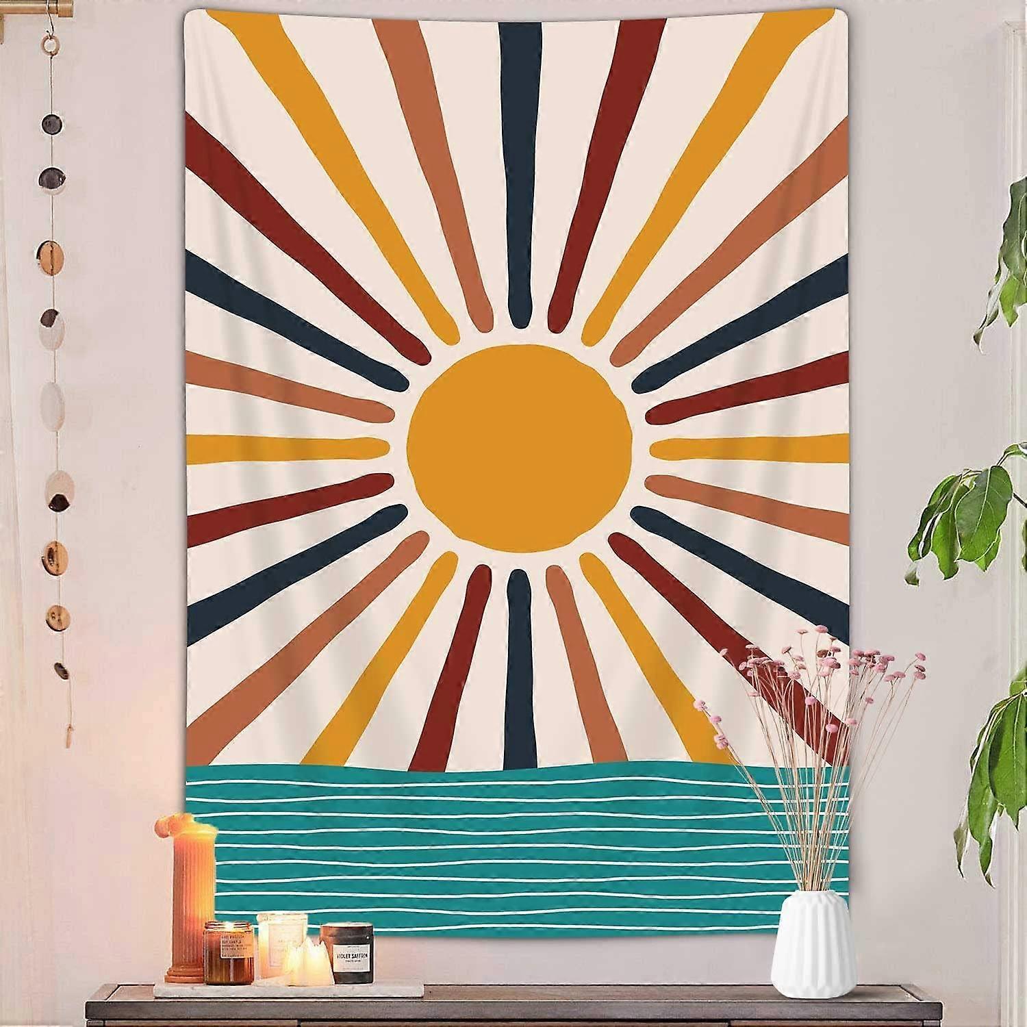 Boho Sun Wave Vertical Tapestry, Vintage Abstract Rainbow Aesthetic Tapestry Wall Hanging for Bedroom, Retro 70s Mid Century Modern Art Tapestries Pos