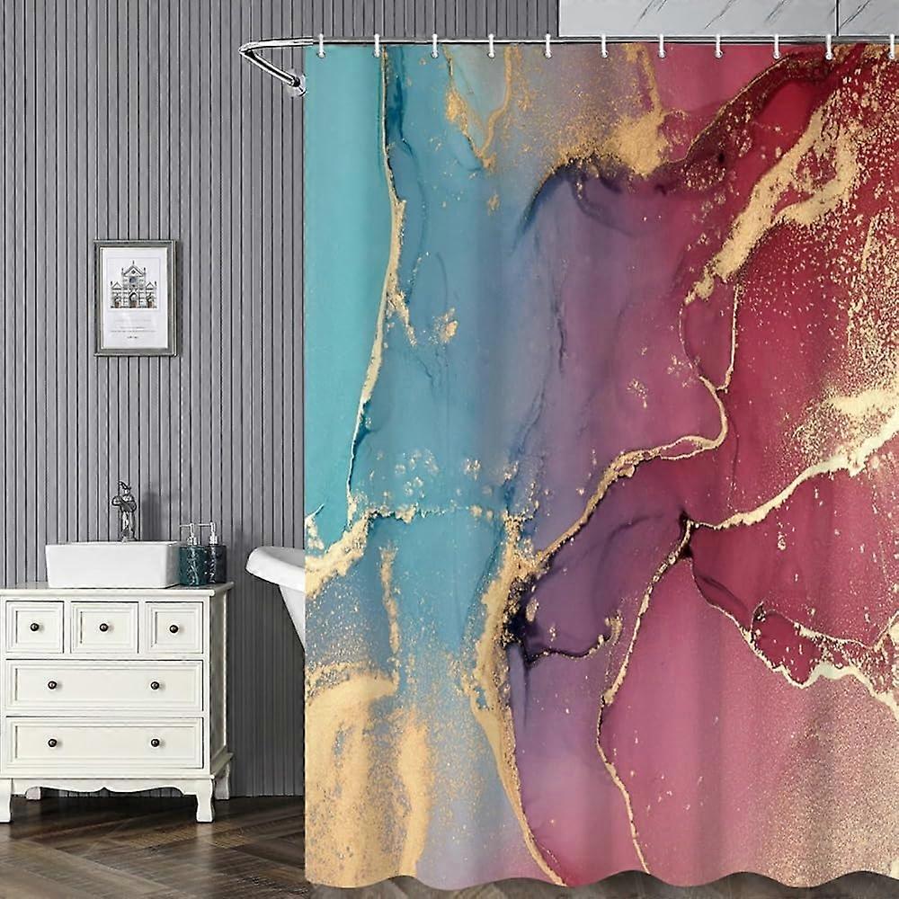 青と赤の大理石のバスルームシャワーカーテン水彩画抽象的な金砂バスカーテンフック付き防水ポリエステル生地シャワーカーテンモード用