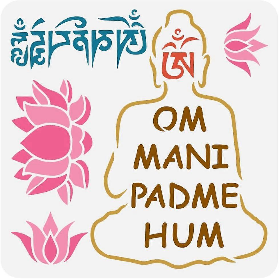 Buddha Lotus Stencil for Painting 11.8x11.8" Large Buddha Pattern OM Drawing Template Reusable Lotus Flower Painting Stencil Religion Theme Template f