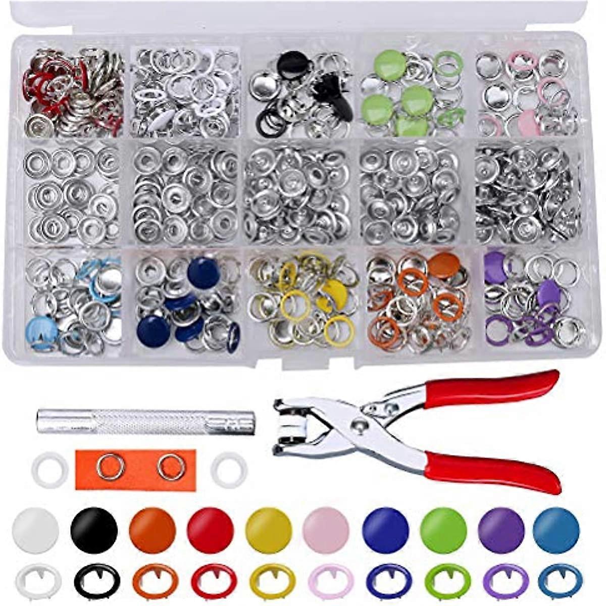 100 Set Snap Fasteners Kit Tool, Hollow and Solid Metal Snap Buttons with Setting Tool 9.5 mm 10 mm Leather Press Studs with 10 Colors for Children's