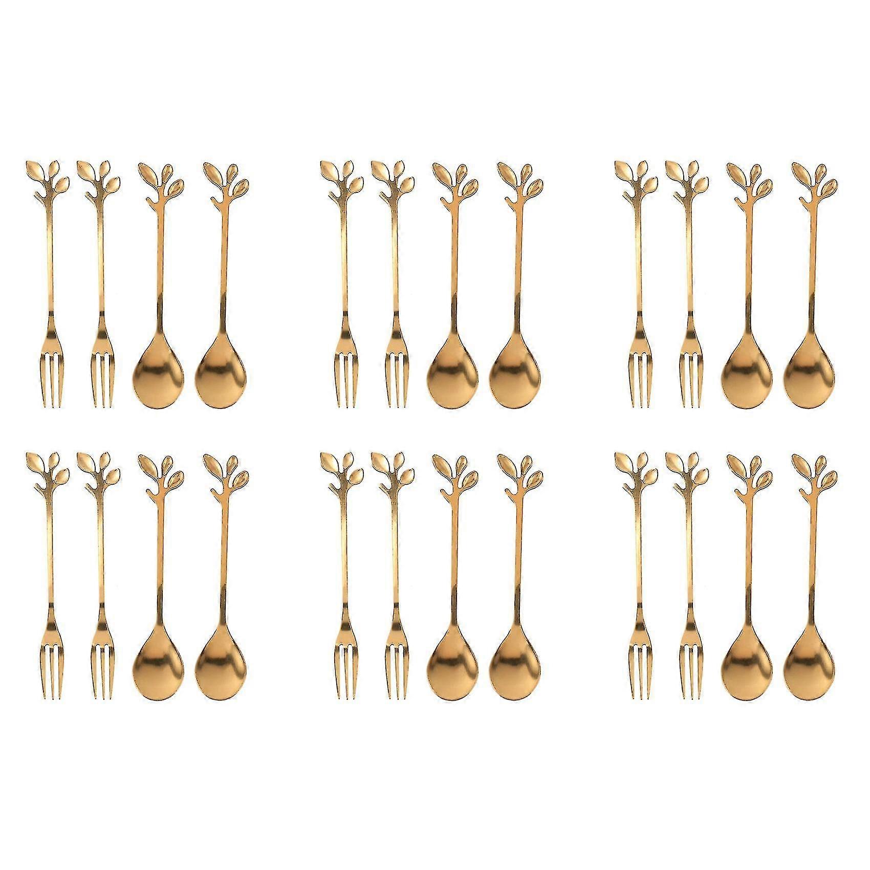Tableware Gold Leaf Coffee Spoon Fork,24 Pack(12 Spoons 12 Forks)