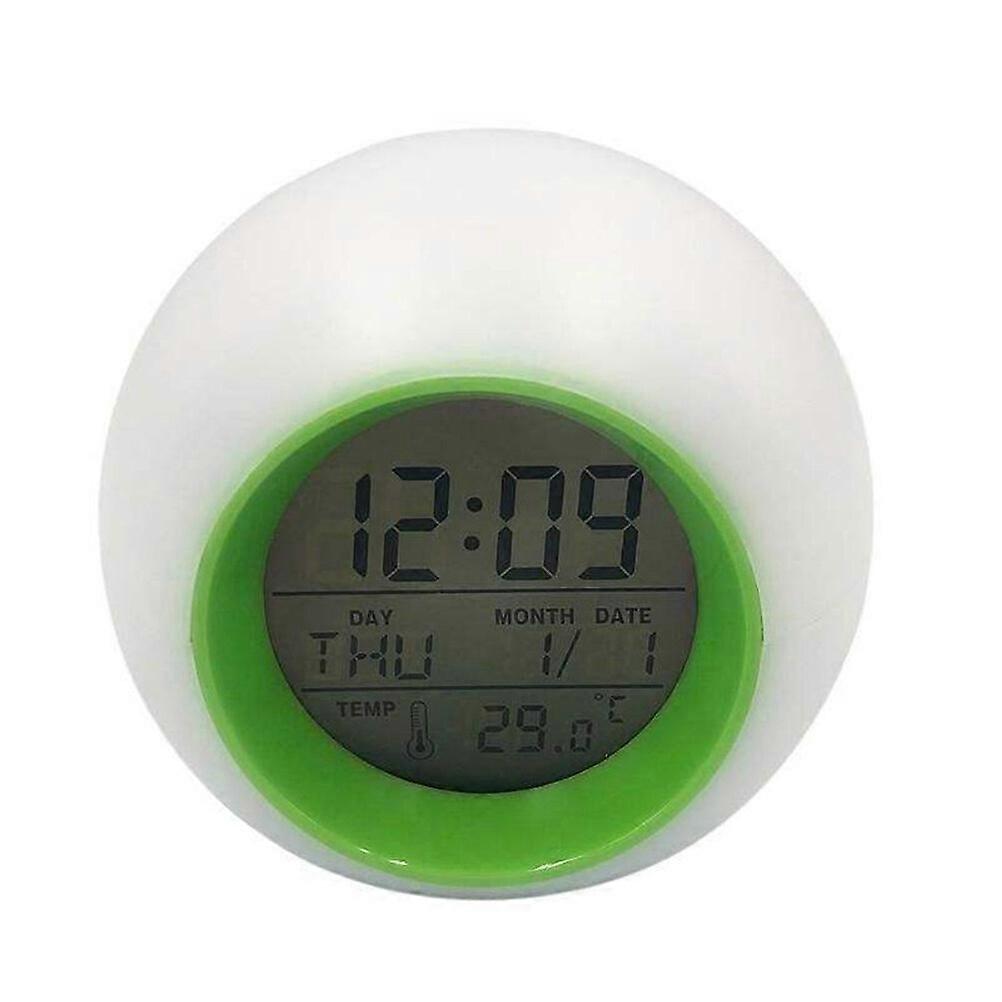 Creative Round Perpetual Calendar Colorful Light Alarm Clock Digital Plastic Outer Shell Alarm Clock for Bedrooms Travel (White Shell Green Ring witho