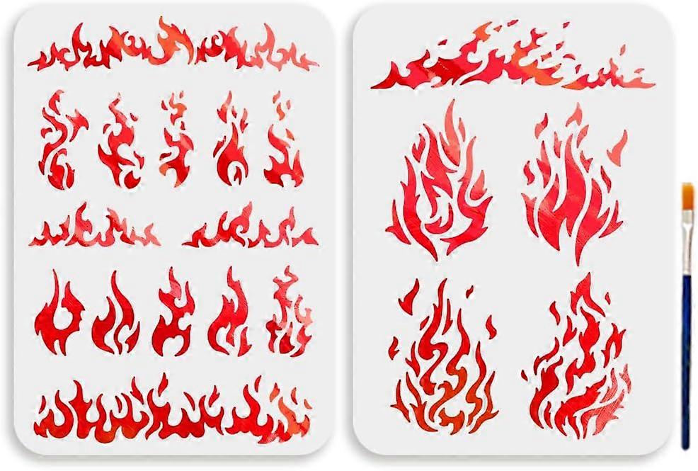 2pcs Flame Stencils 11.78.3inch Flame Painting Decor Template with Paint Brush Halloween Burning Fire Theme Drawing Template on Art Craft Canvas Wall 