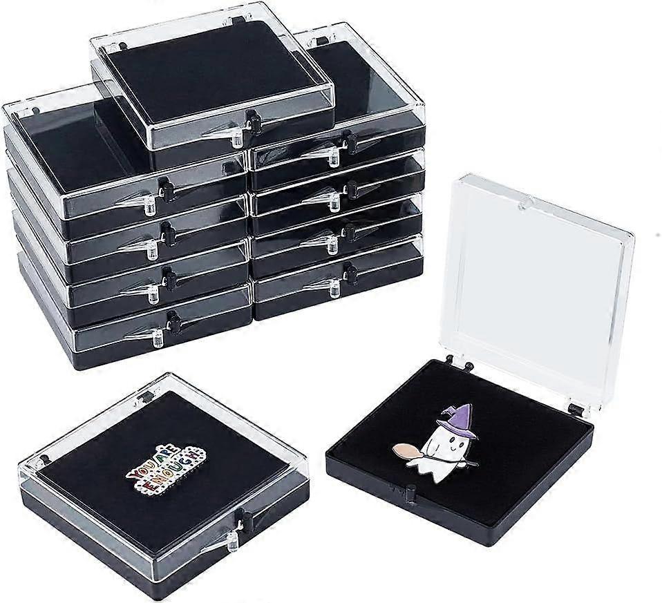 12 Pcs Gift Box for Pin Black Square Badge Gemstone Display Box with Tray Mini Jewelry Box Container Plastic Show Case Storage Box Holder for Badge Pi