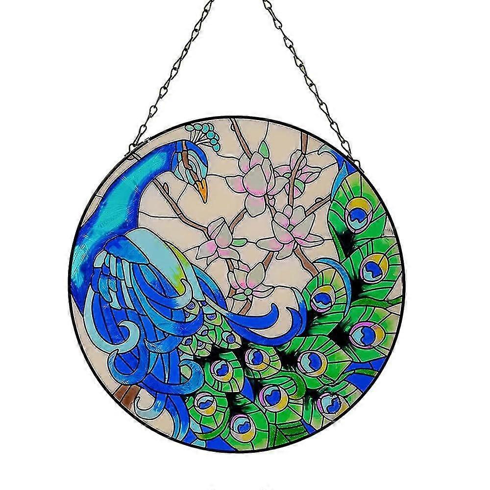 Garden Peacock Hand-painted Wall And Window Decoration Pendant With Chain Round Colored Peacock