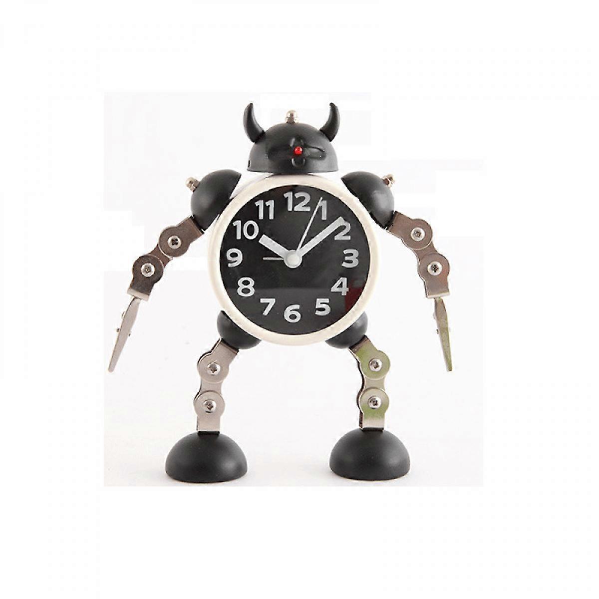 Non-Ticking Robot Alarm Clock Stainless Metal Wake-up Clock with Flashing Eye Lights and Hand Clip (Black)
