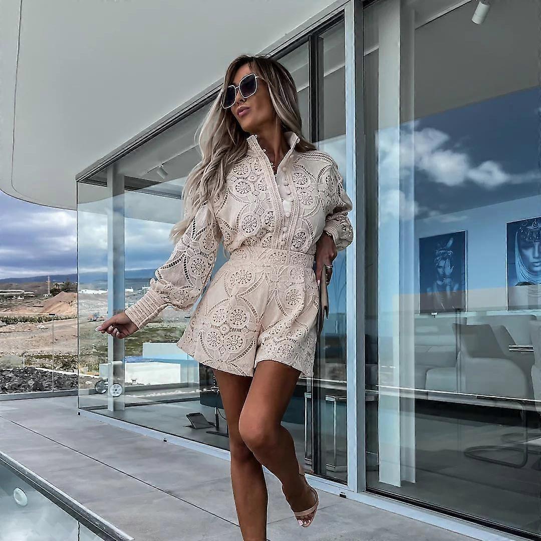 Casual Style Summer Solid Colour Single Breasted Lapel Lace Shorts Set