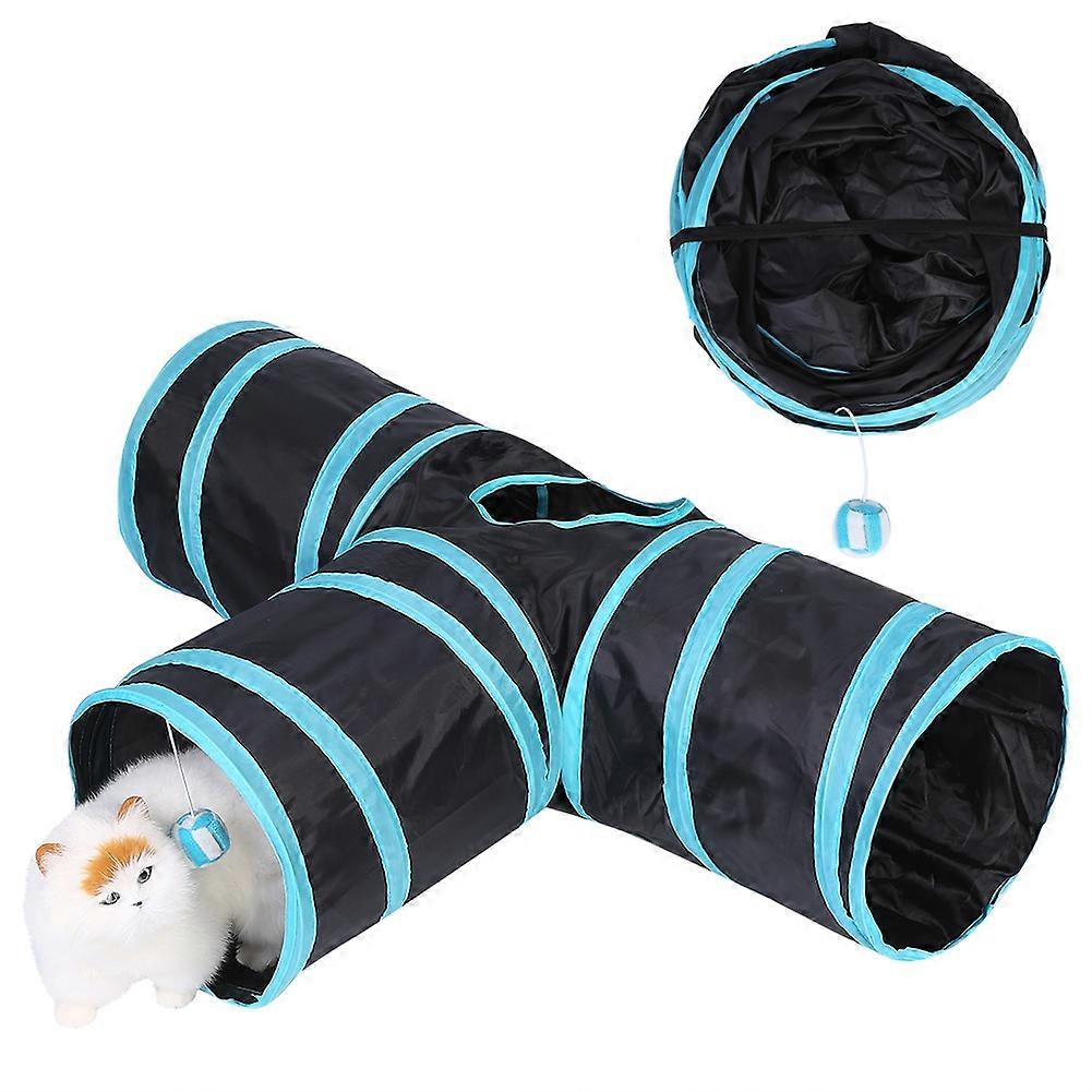 Foldable 3 Way Cat Play Tunnel for Indoor Outdoor Use - Interactive Pet Toy in Blue, Durable Material, Easy to Store