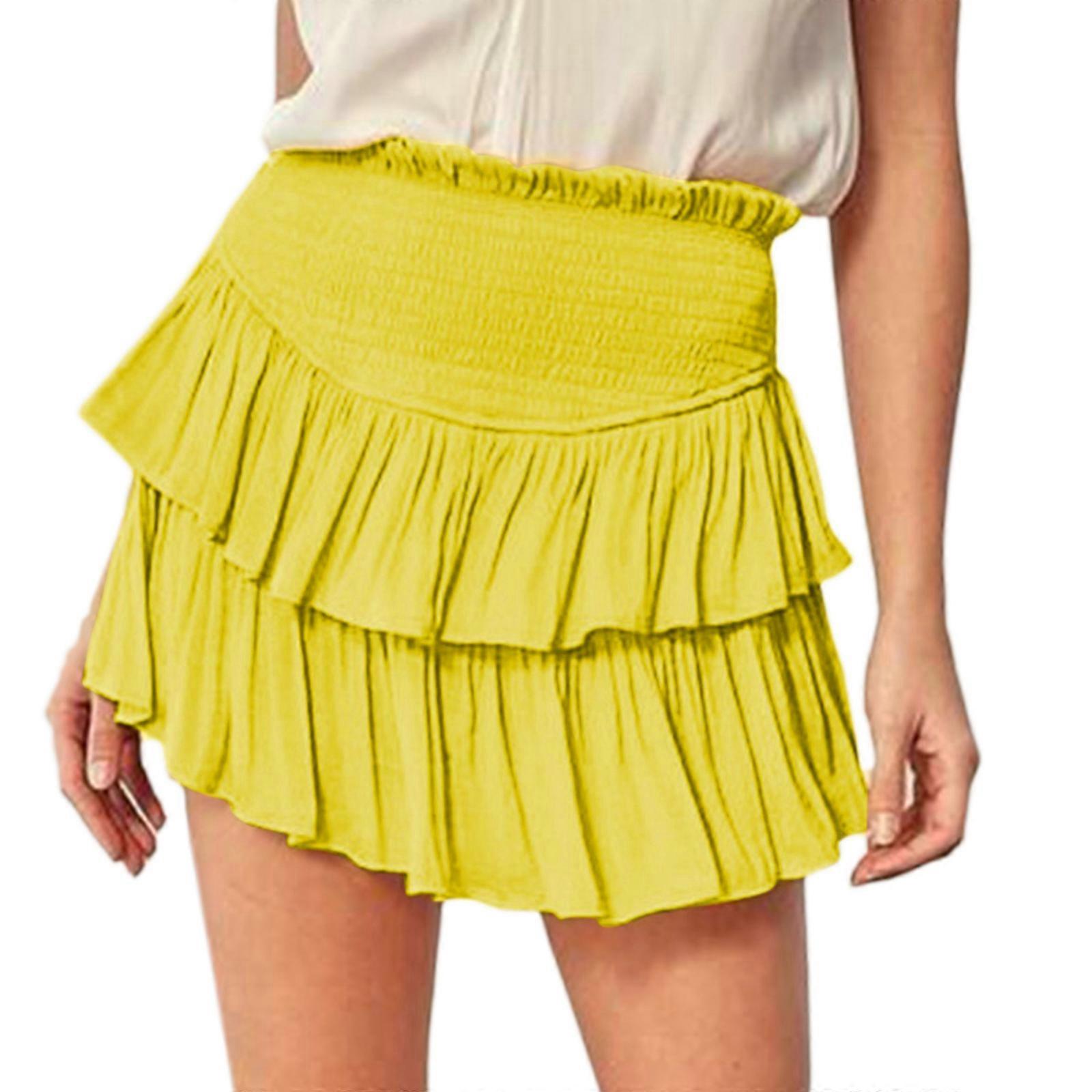 Womens Summer Smocked Ruffle A-Line Mini Skirt High Waisted Layered Tiered Solid Color Short Skirt with Built In Shorts Yellow XL