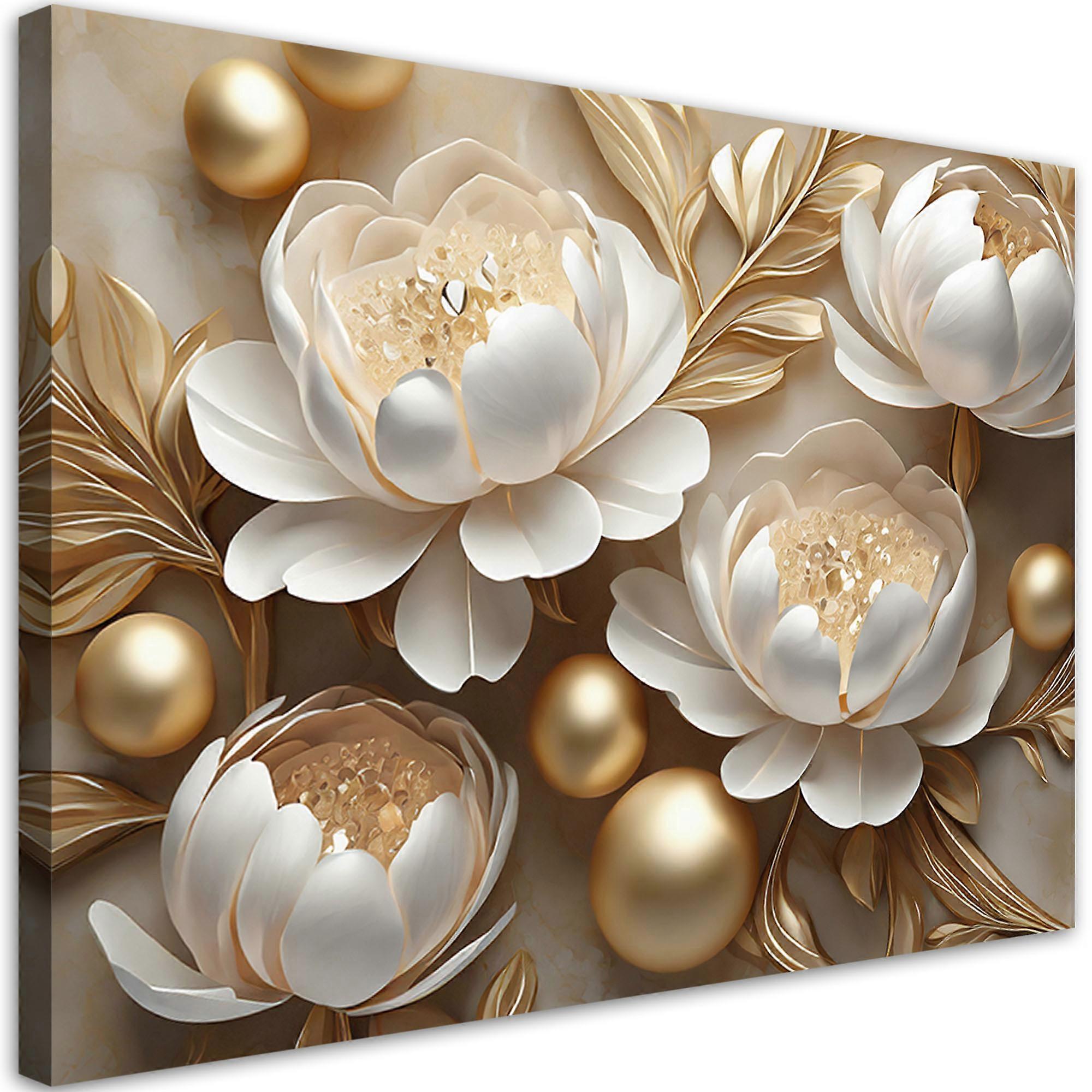 Impression sur toile, Fleurs glamour dorées 3D - 100x70