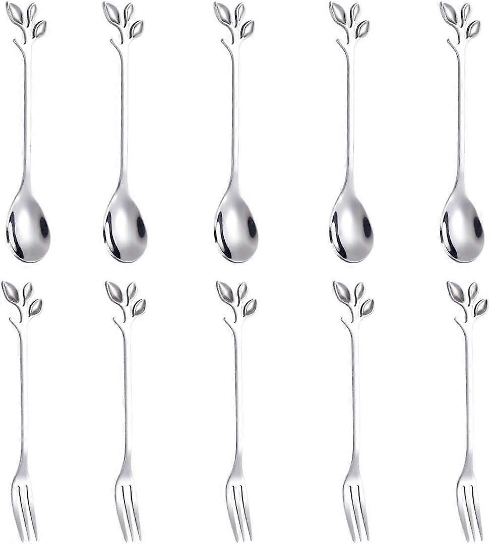 Stirring  Mixing 10PCS Stainless Steel Silver Leaf Coffee Spoon appetizer fork--Creative Tableware Dessert Spoons
