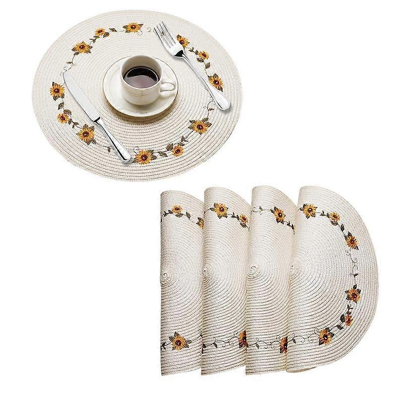 4pcs sunflower placemats (A)$Sunflower insulation pad woven special-shaped placemats coasters woven placemats desktop non-slip bowl and plate mats