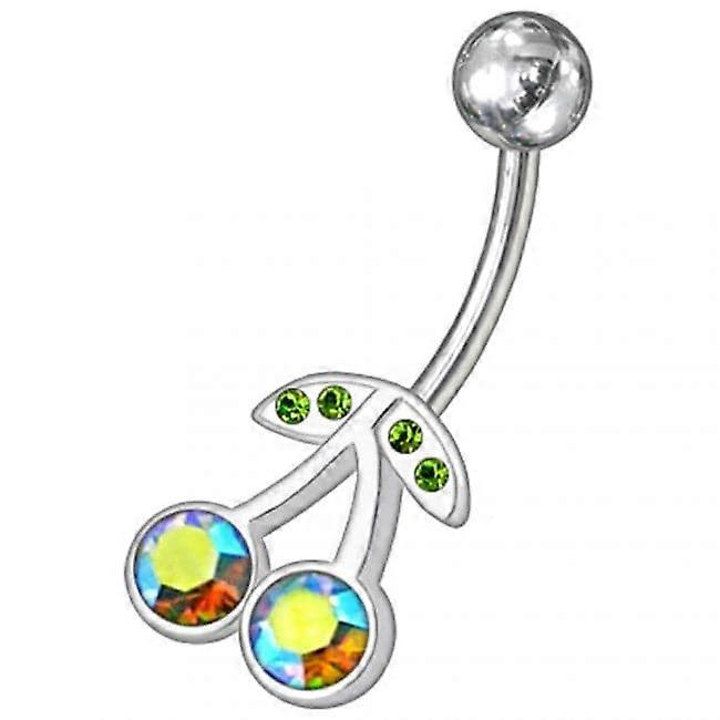 Cherry Jewelled Silver Non-moving Ss Bar Navel Belly Ring