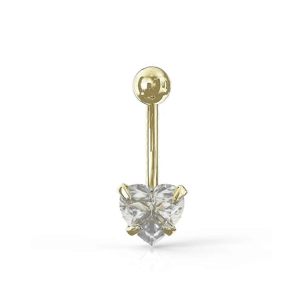 14K Solid Yellow Gold Heart Cz Jewelled Internally Threaded Belly Bar