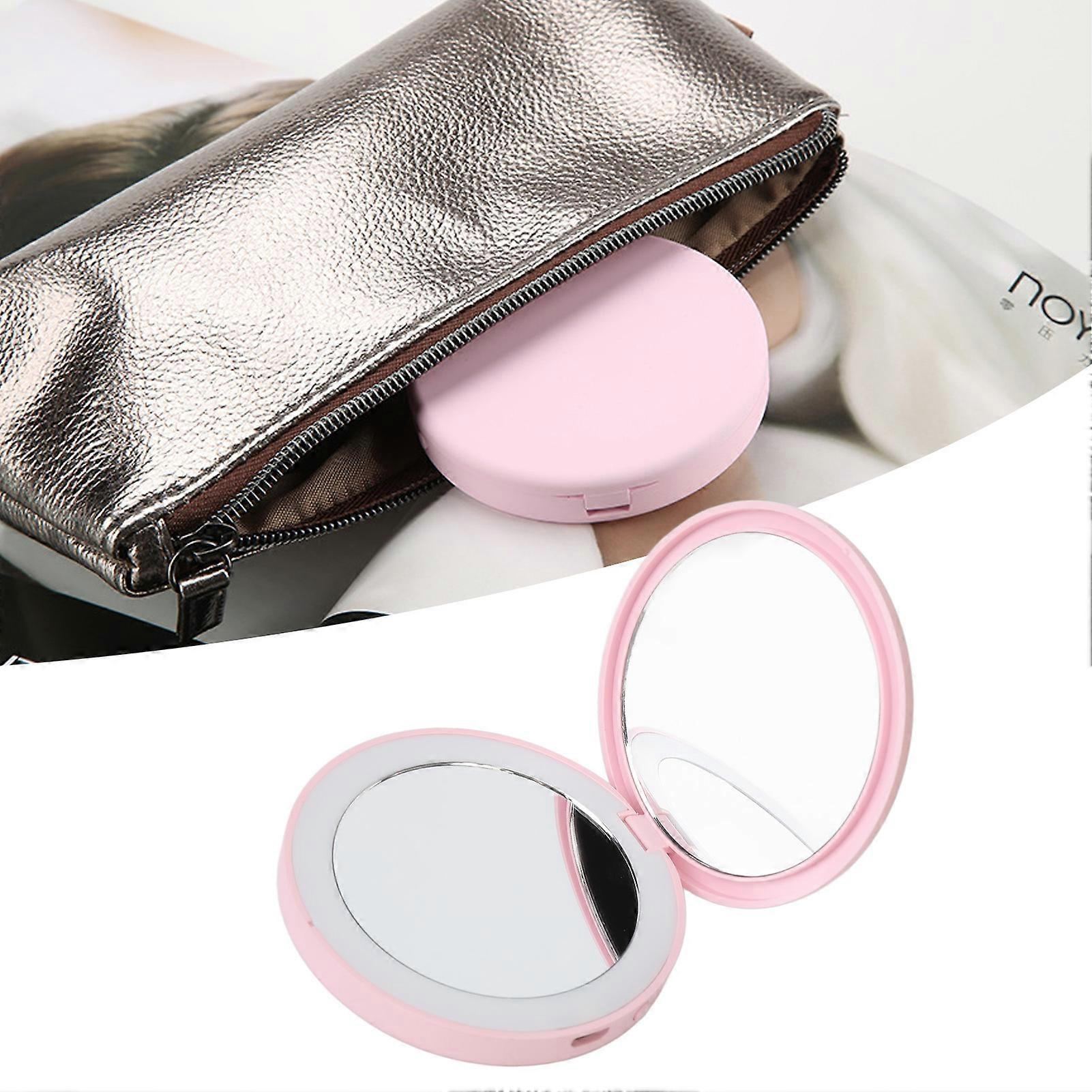 LED Compact Mirror Round Shape 3X Magnification Rechargeable Double Sided Adjustable White Light Pocket Mirror Pink 