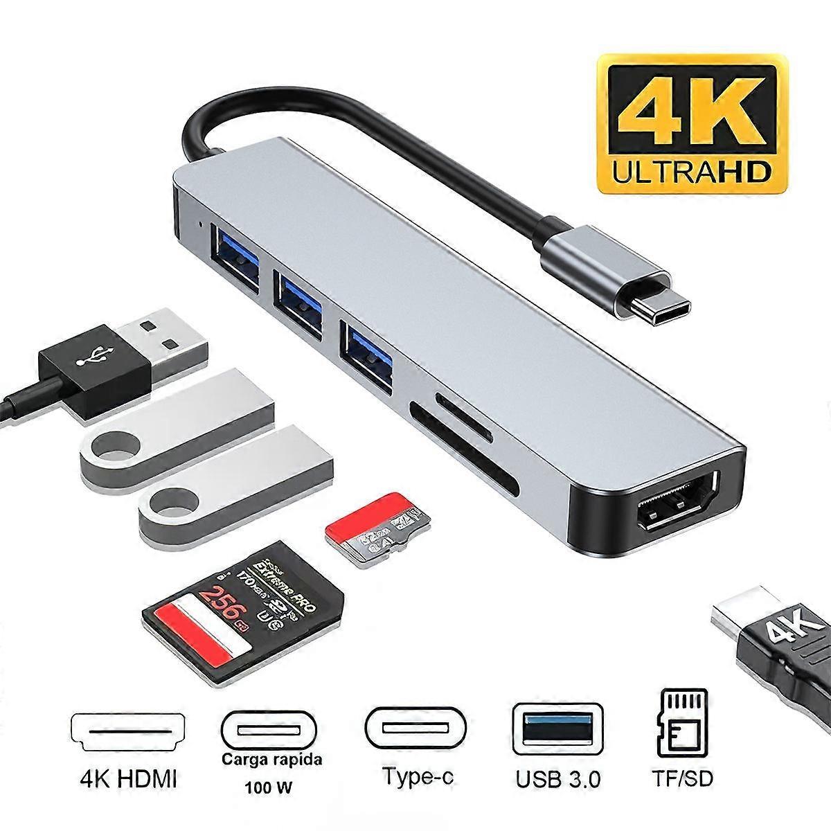 USB Hub Docking Station with Aluminum Body for Computer Grey Color 6in1 Design Supporting PD Fast Charging