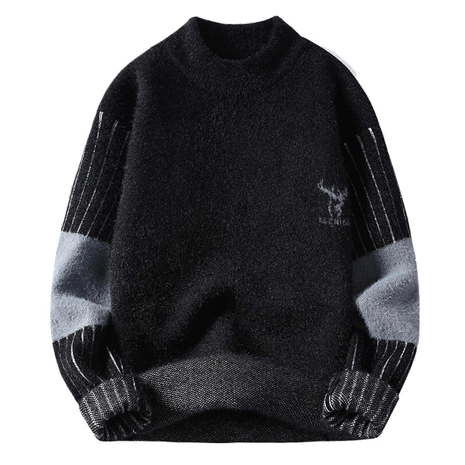 Men's Fleece Pullover Microfleece Sweatshirt Autumn Winter Black Colour Block Patchwork Turtleneck Jumper Size M