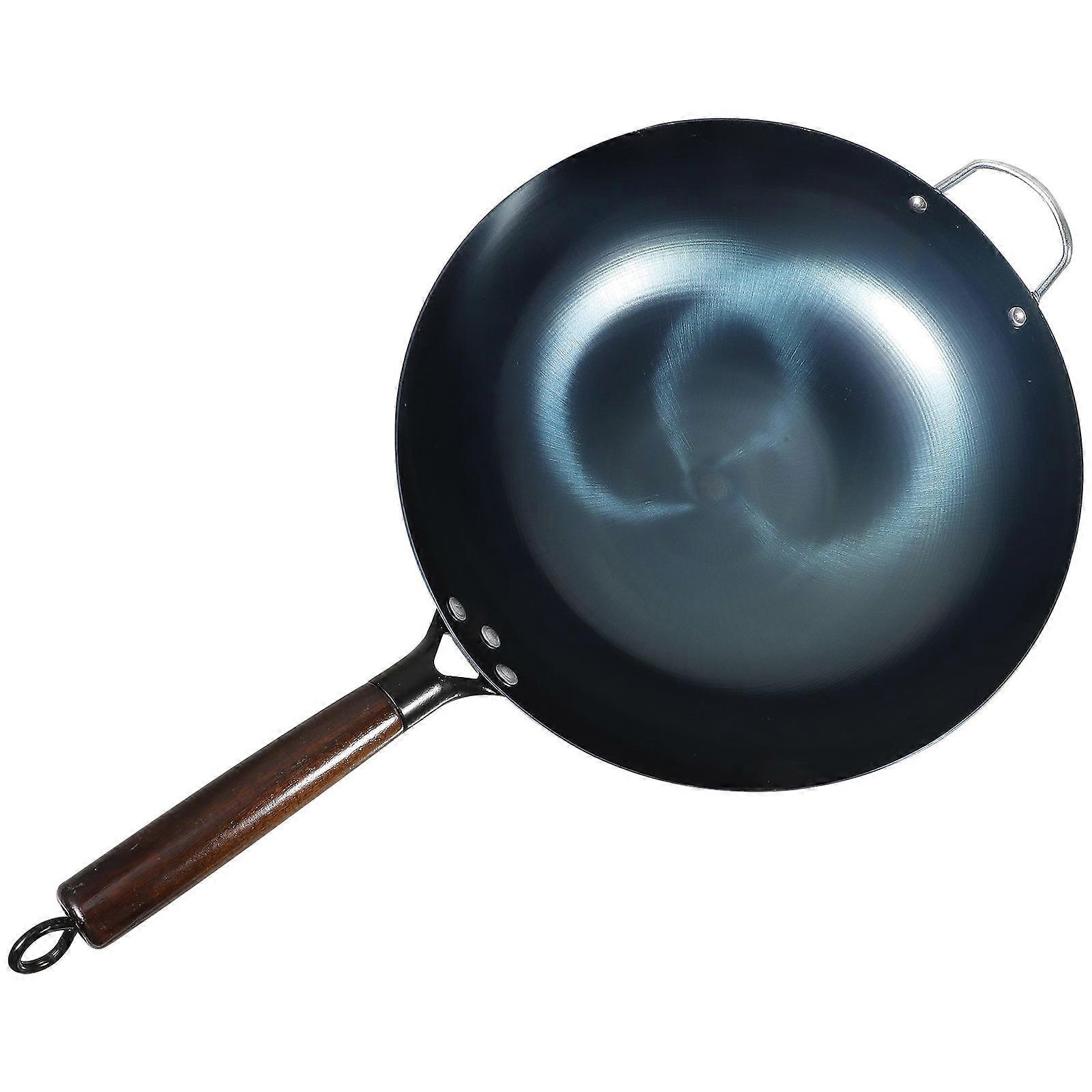Traditional Iron Frying Pan with Wooden Handle for Home Use on Gas Stoves Silver Color